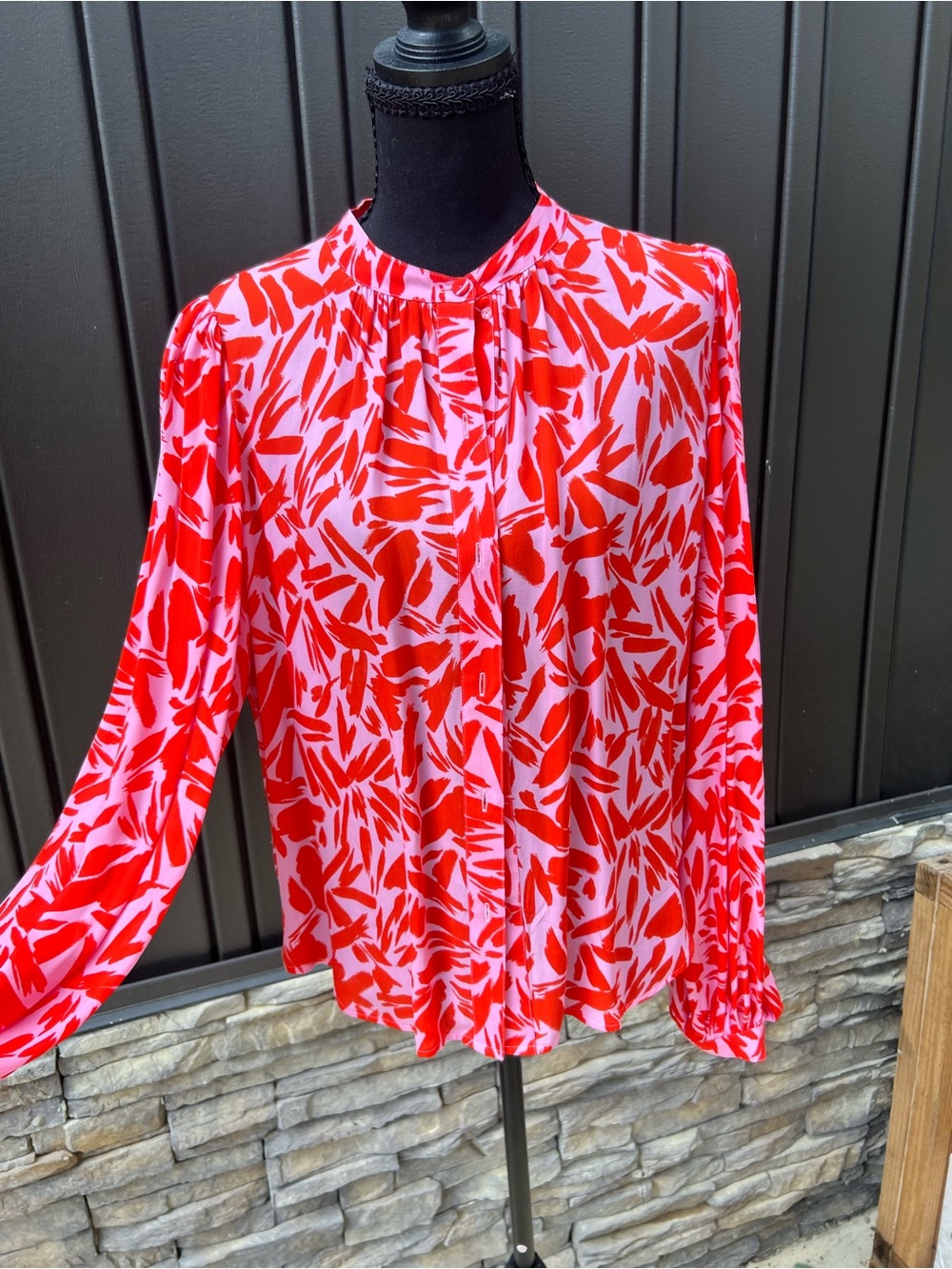 Veronica Beard Red and Pink Abstract Print Long-Sleeve Blouse